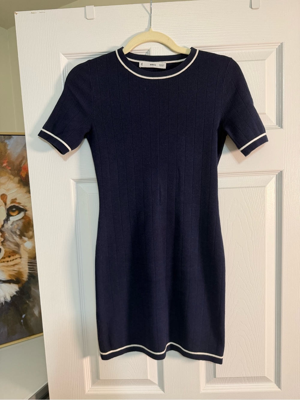 Mango Navy Short-Sleeve Ribbed Dress with White Trim